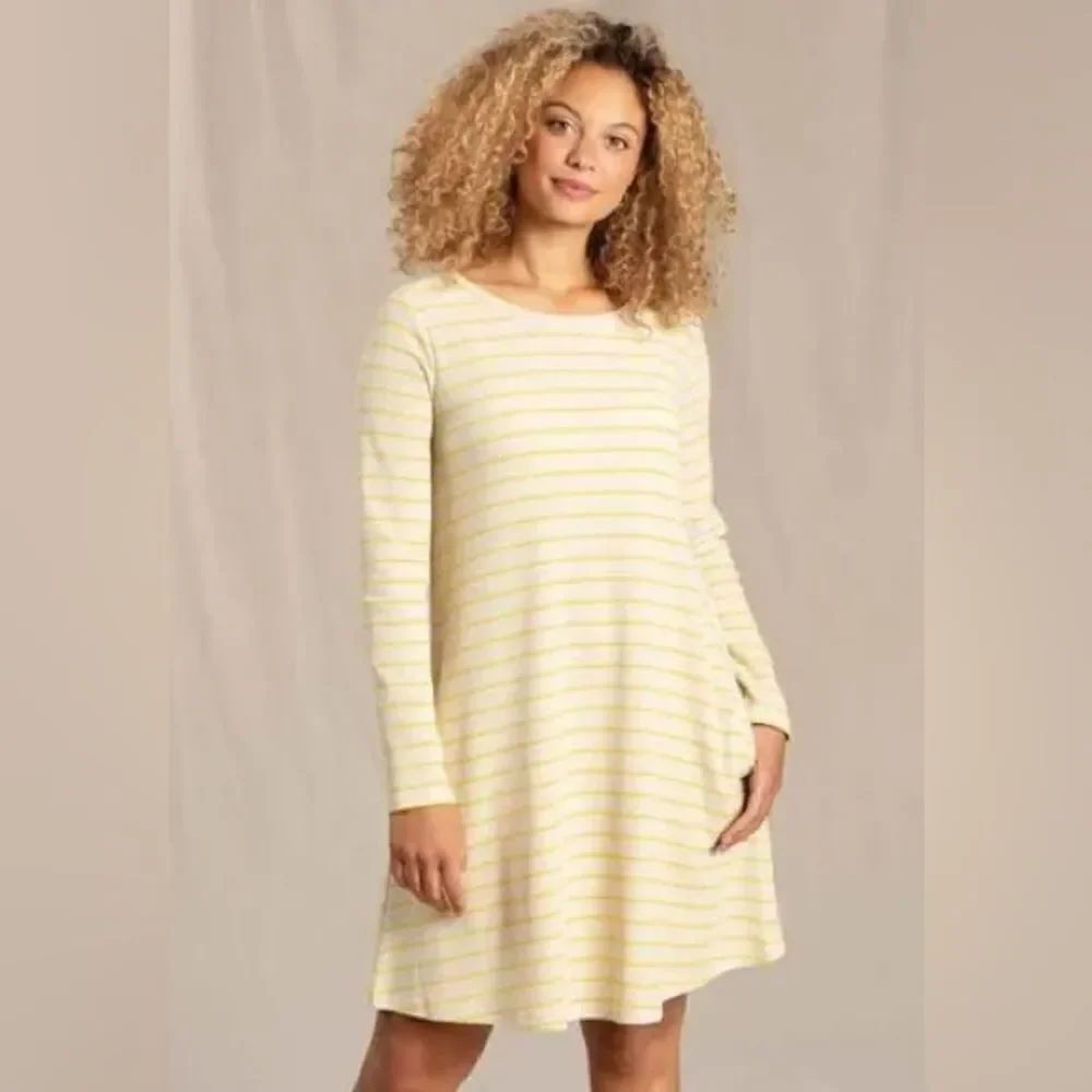 Toad & Co Foothill LS Swing Dress Stripe Yellow and Cream Medium